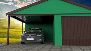 Montovaná garáž s přístřeškem a sedlovou střechou