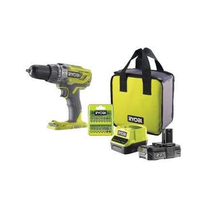 Ryobi R18PD3-120SA17 aku 18V příklepová vrtačka + 1x 2Ah baterie + nabíječka + taška + sada bitů ONE