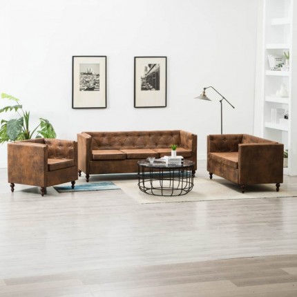 vidaXL Sedací souprava Chesterfield 3 ks textil hnědá semišový vzhled