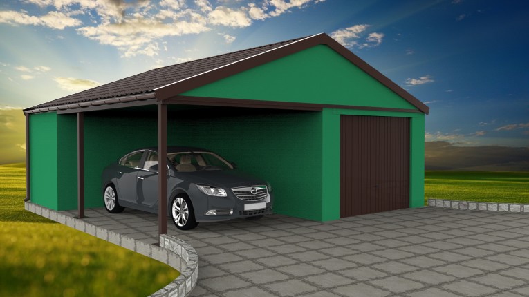 Montovaná garáž s přístřeškem a sedlovou střechou