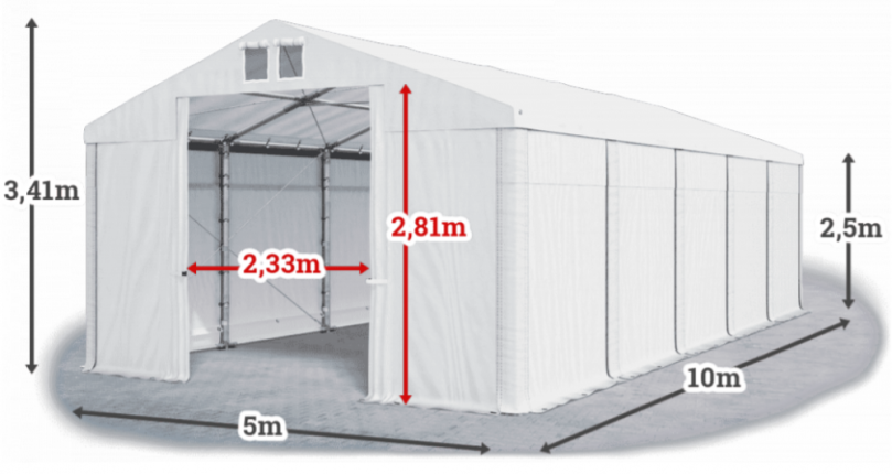 Skladový stan 5x10x2,5m střecha PVC 560g/m2 boky PVC 500g/m2 konstrukce ZIMA PLUS