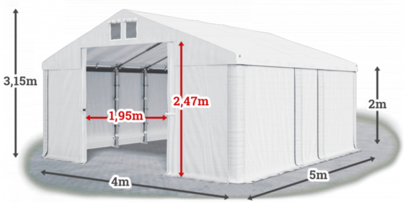 Skladový stan 4x5x2m střecha PVC 580g/m2 boky PVC 500g/m2 konstrukce LÉTO-barva šedá