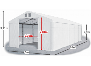 Skladový stan 5x10x2,5m střecha PVC 560g/m2 boky PVC 500g/m2 konstrukce ZIMA PLUS
